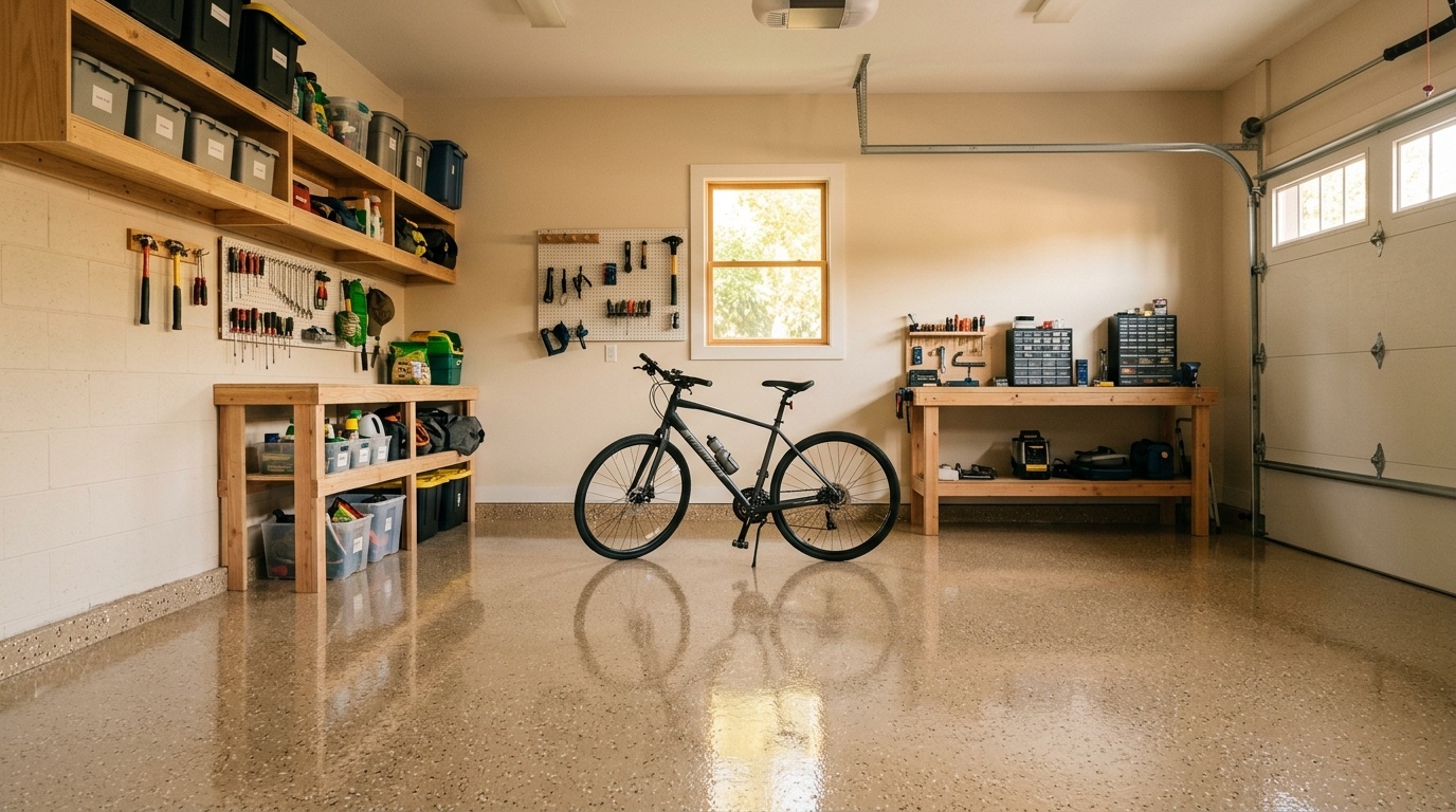 Residential garage with a high-gloss sand-colored epoxy floor, wooden shelving, and natural morning light