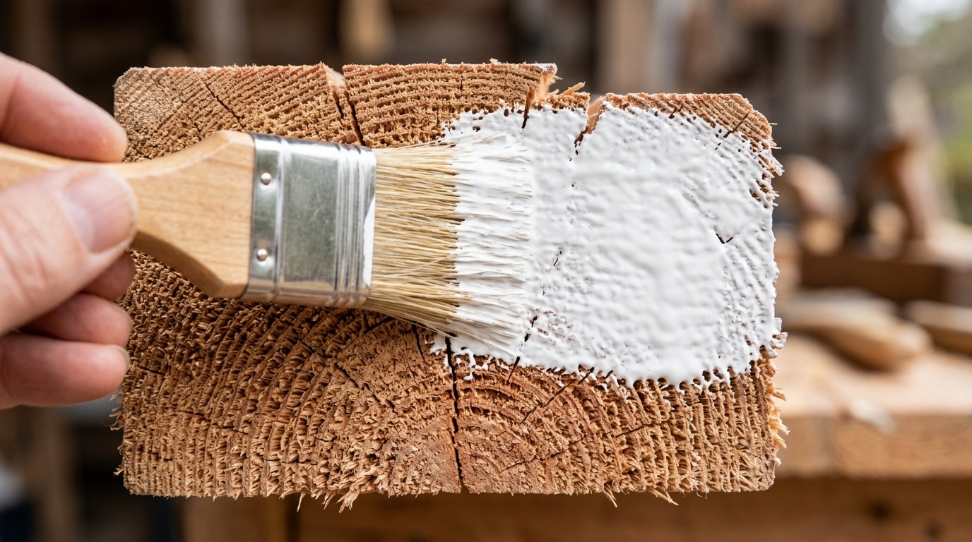 Brushing white primer onto the porous end grain of a cut wooden plank in daylight.