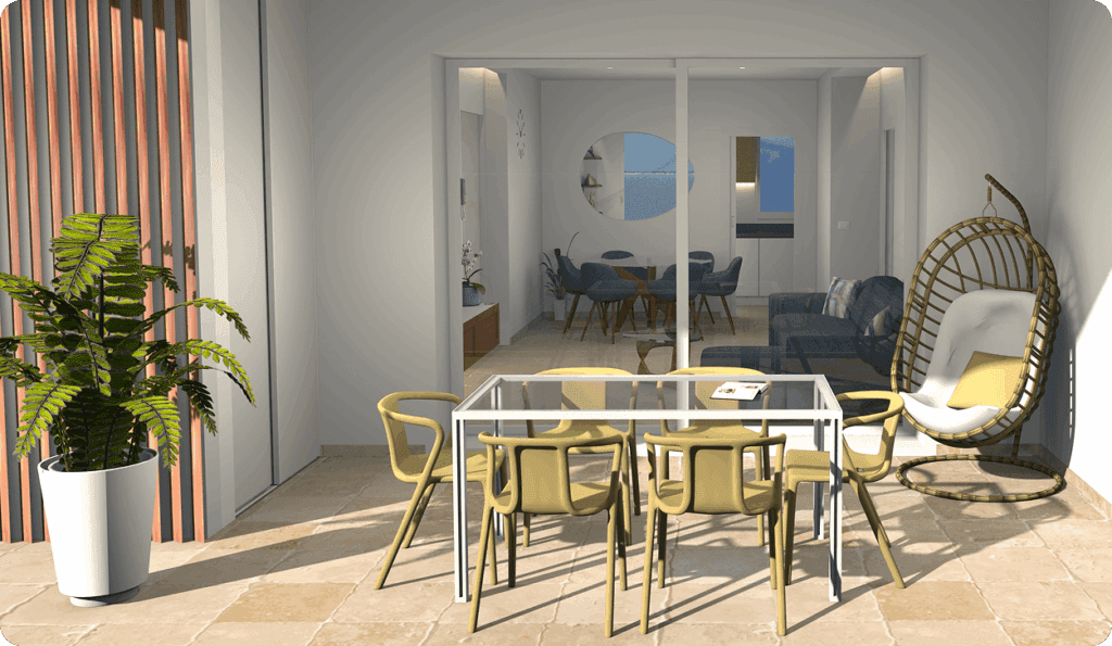 Sweet Home 3D rendered terrace with a dining table, yellow chairs, and sliding doors