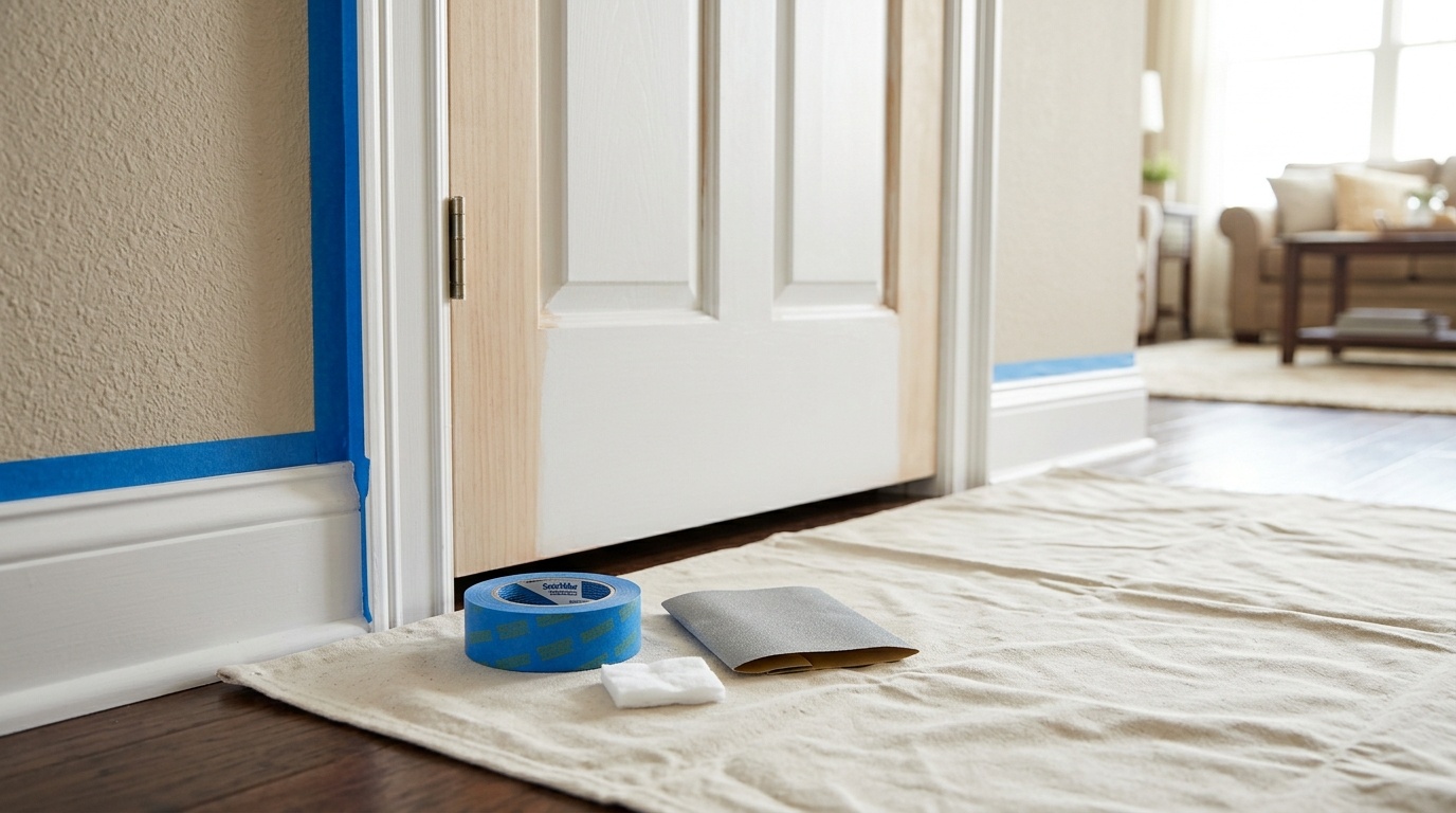Organized surface prep setup with painter tape and sandpaper near white wood trim.
