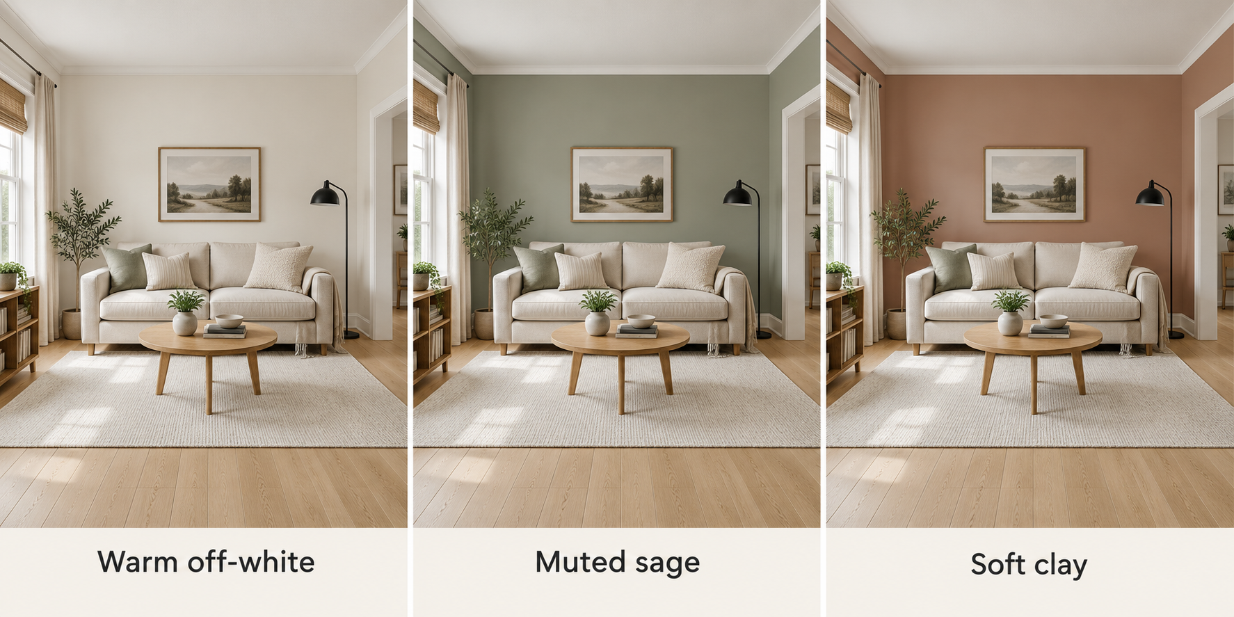 Illustrative living room concepts with warm off-white, muted sage and soft clay walls, keeping the sofa, flooring and layout visually consistent