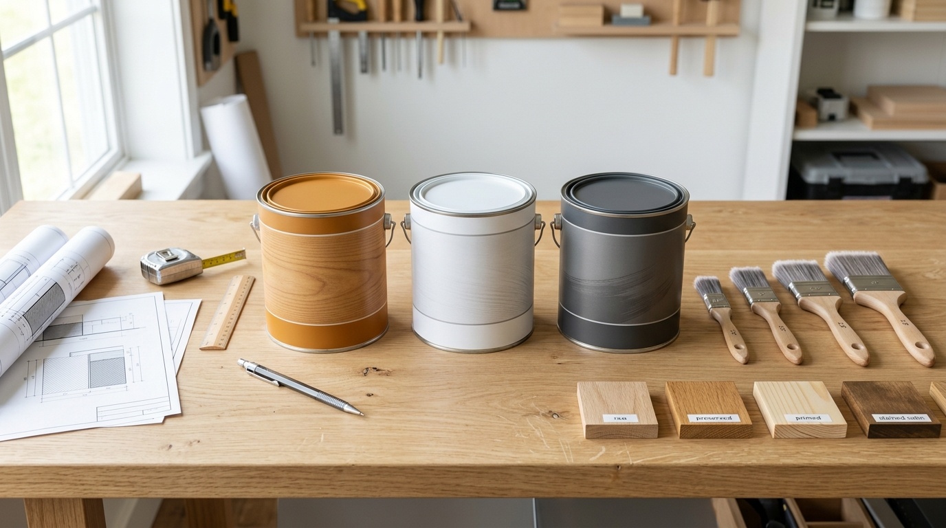Wood preservative, primer, and paint cans arranged with professional brushes on a workbench.
