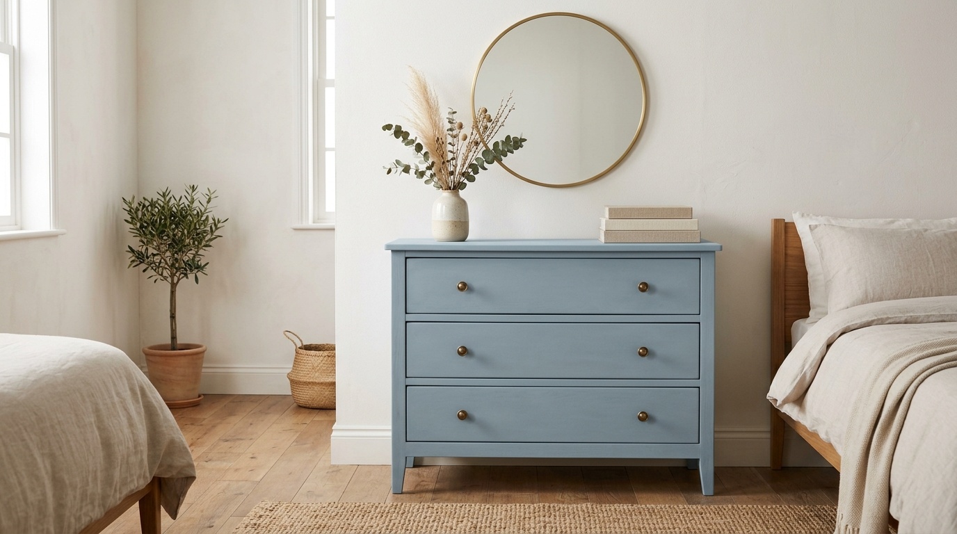 Dusty blue chalk painted dresser with matte finish styled with a brass mirror.