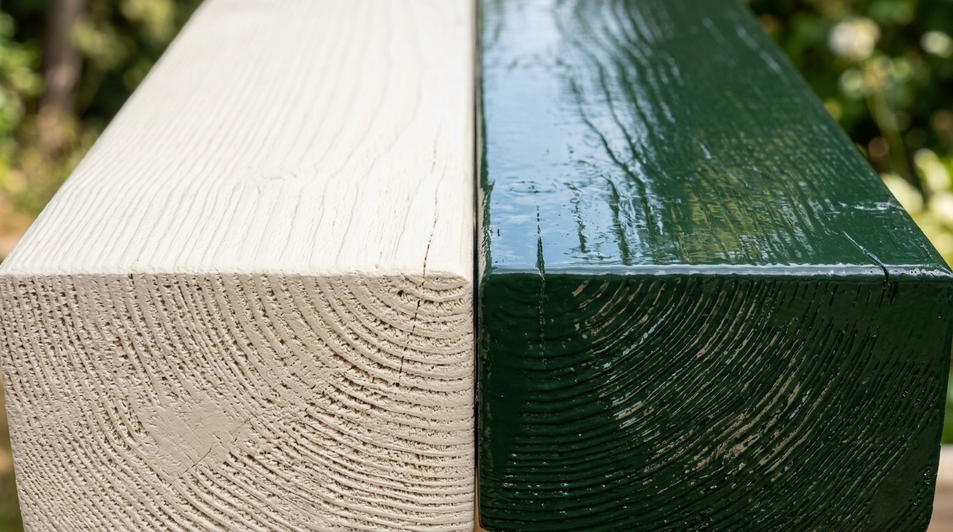 Side-by-side close-up of satin acrylic latex and glossy oil-based paint on wood planks.