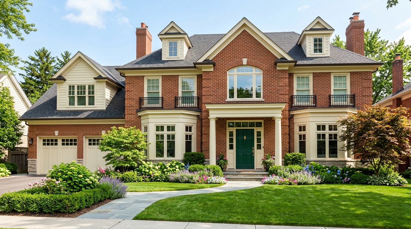 Balanced brick house exterior showcasing cream trim and a forest green front door