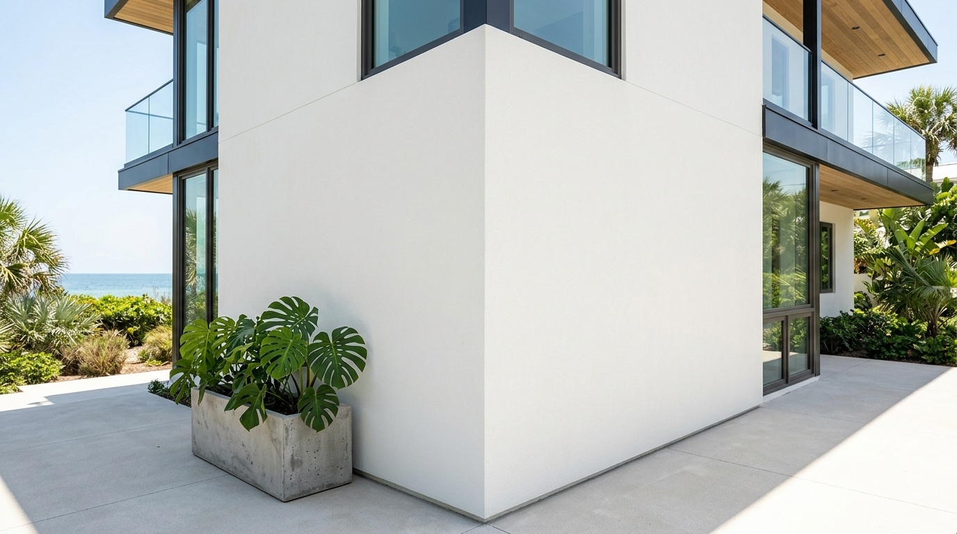 Modern coastal home exterior showing clean white acrylic paint on textured stucco walls