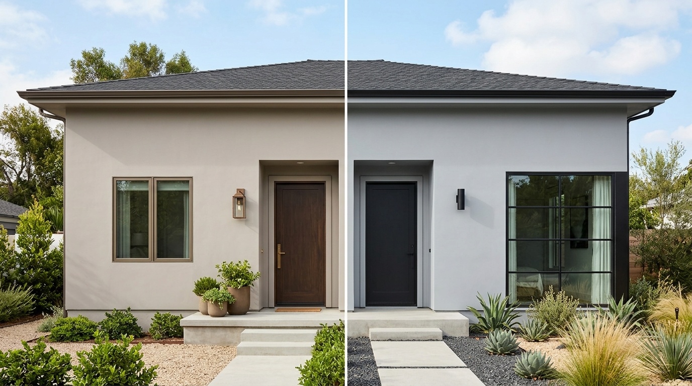 Side-by-side comparison of warm gray and cool gray exterior paint colors on modern home facades.