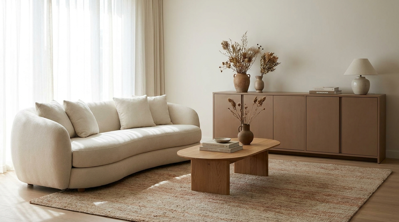 &nbsp;Organic minimalist seating area with a comfortable curved sofa, oval oak table, straight cabinet, and wool rug.