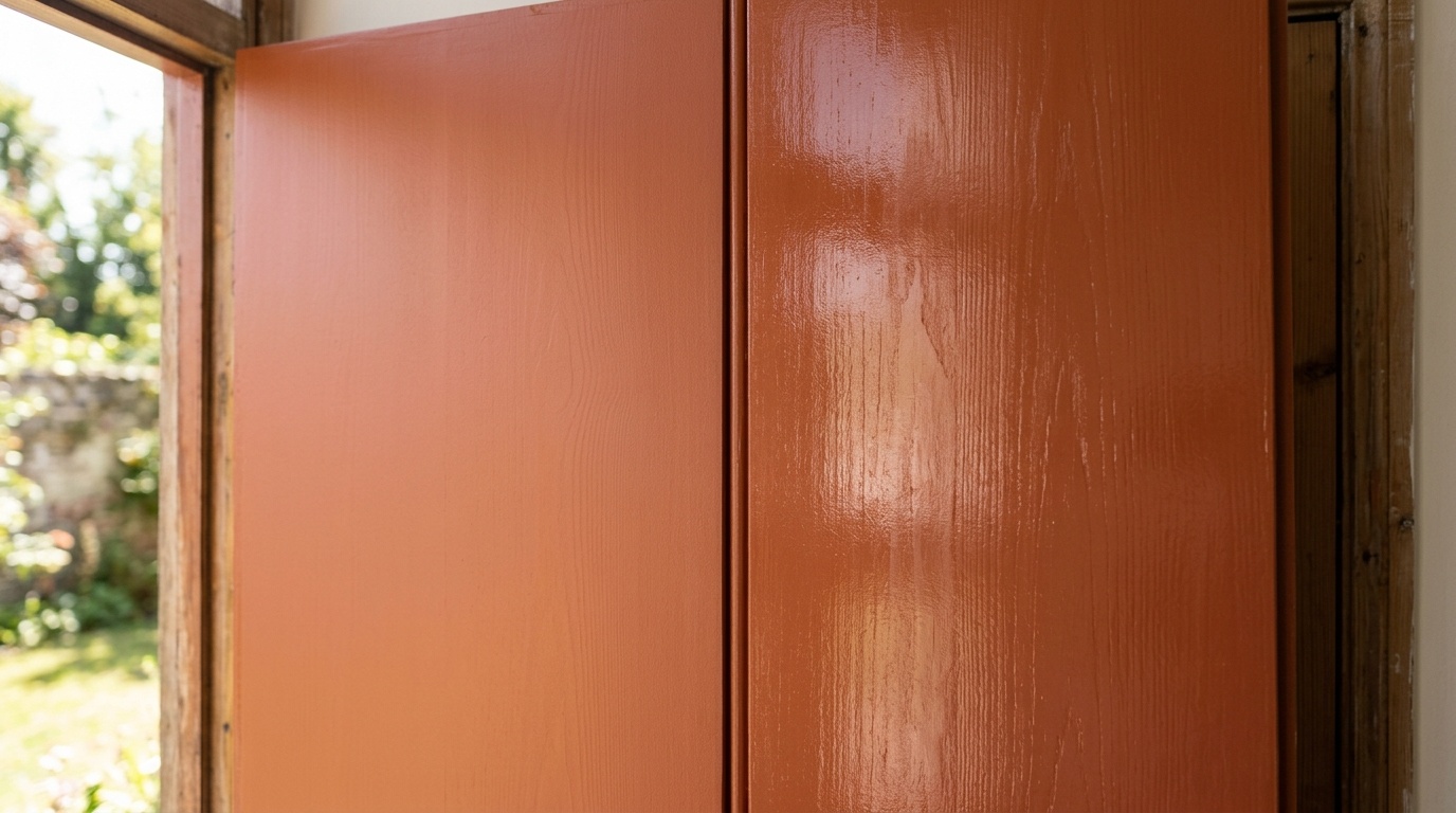 Comparison of a terracotta front door surface in satin and semi-gloss paint finishes.