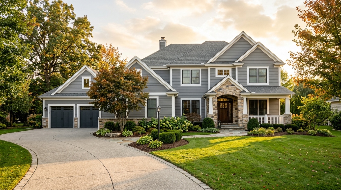 Classic suburban house with warm gray exterior paint, stone accents, and white trim in afternoon sun.