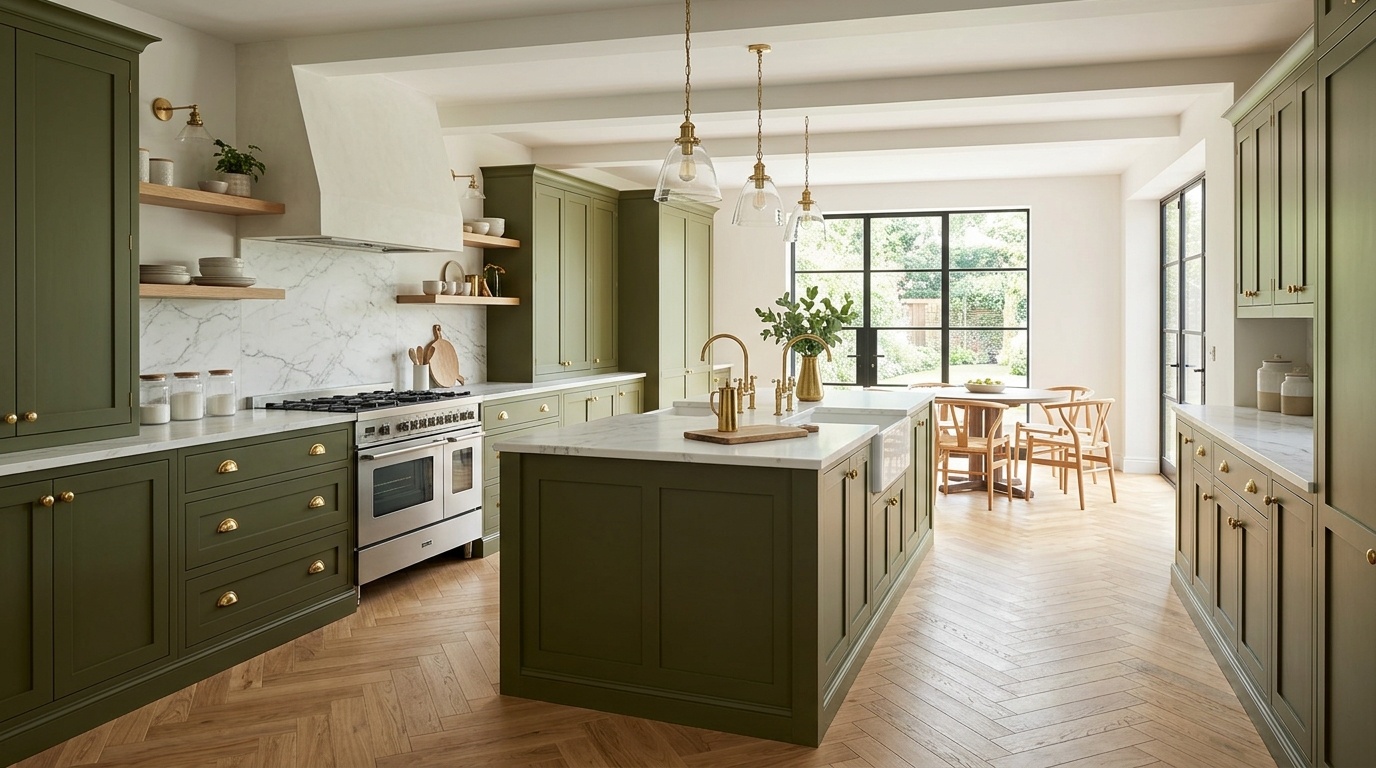 Modern kitchen with rich olive green shaker cabinets, white marble countertops, and brass hardware.