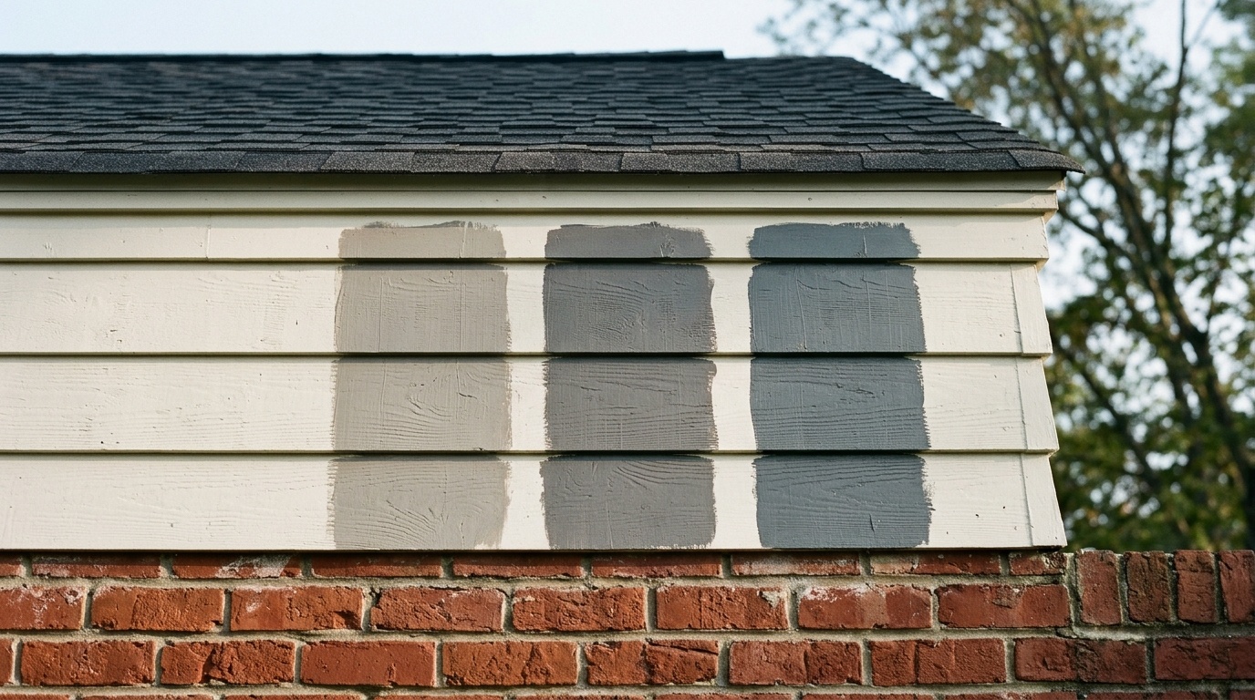 Vertical gray paint swatches on exterior siding next to red brick and dark shingles in daylight.