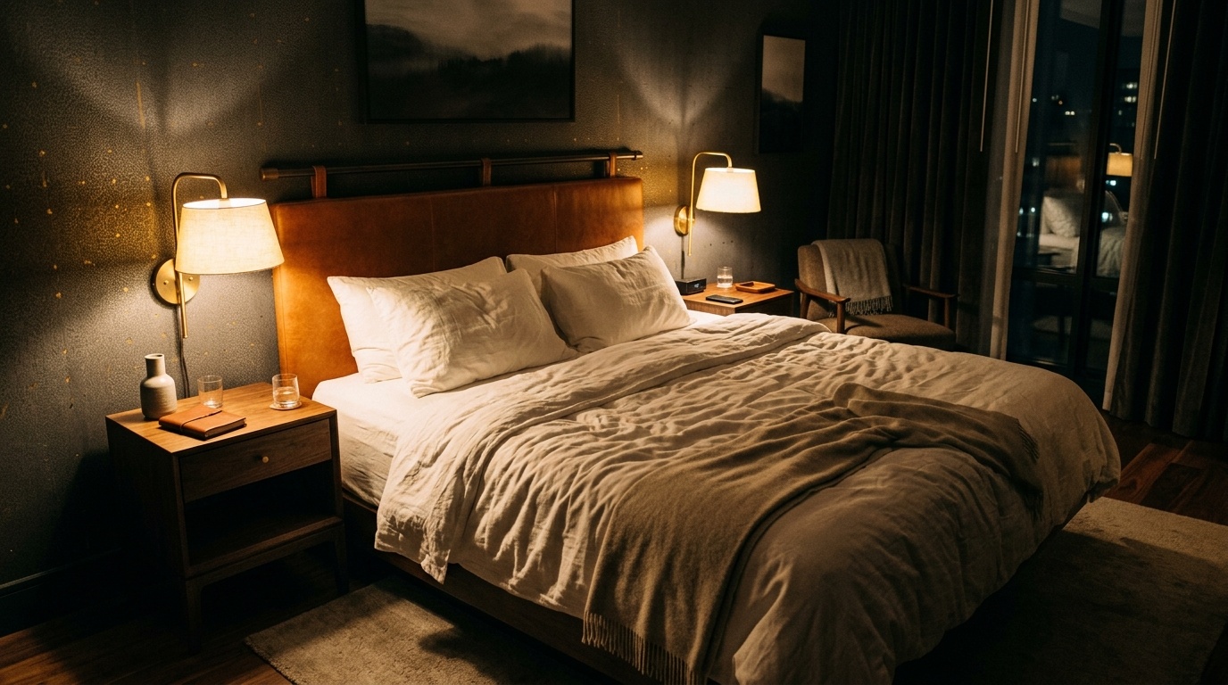 Cozy boutique hotel bedroom with white linen sheets, a leather headboard, and warm ambient light