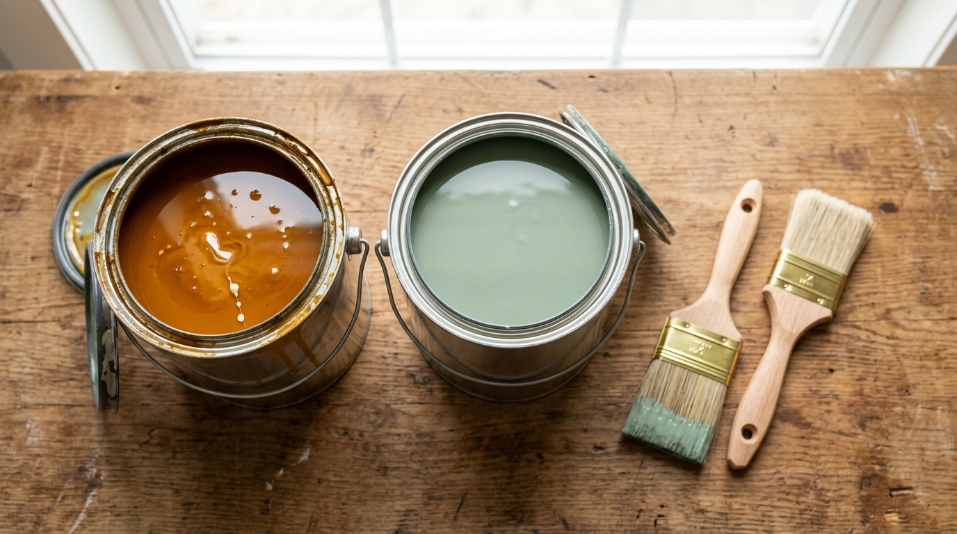 Two open paint cans with paintbrushes on a clean wooden table in natural light.