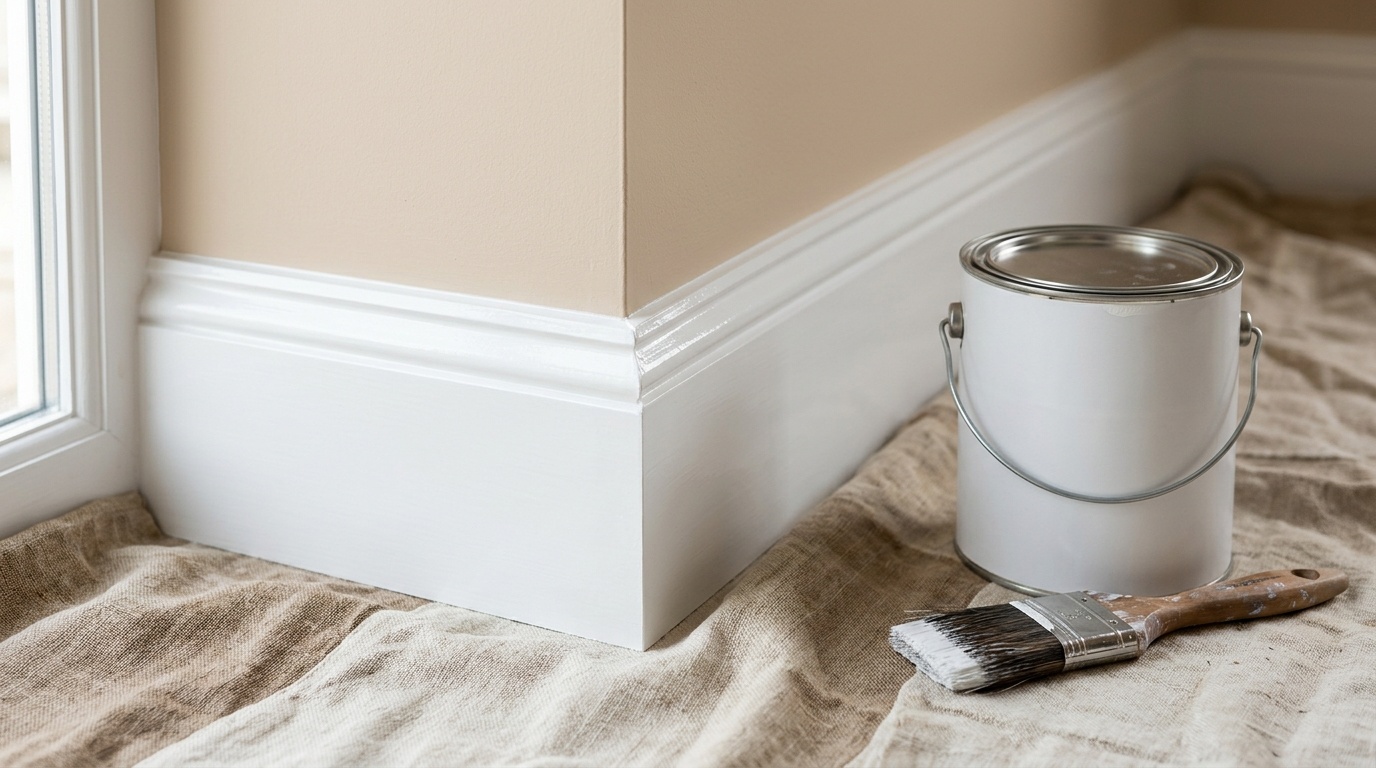 Close-up of smooth white painted baseboard and soft beige wall under warm natural light.