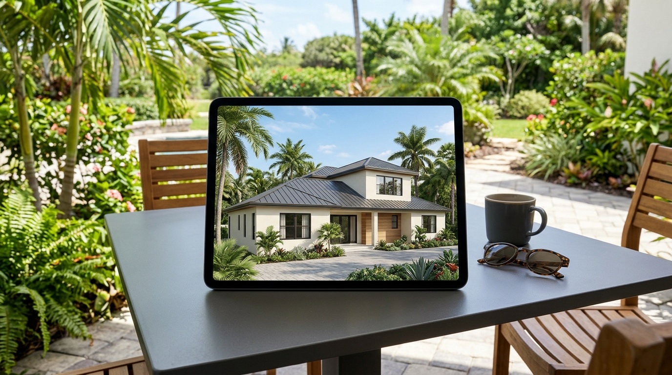 Tablet displaying a digital paint visualization of a modern house on an outdoor table.