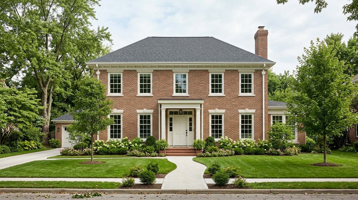 Well-balanced brick home exterior with matte white trim under soft natural daylight