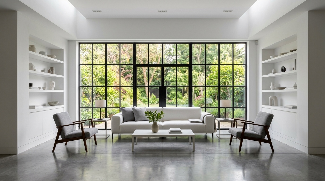 Symmetrical modern living room highlighting clear architectural lines and window placement in natural daylight