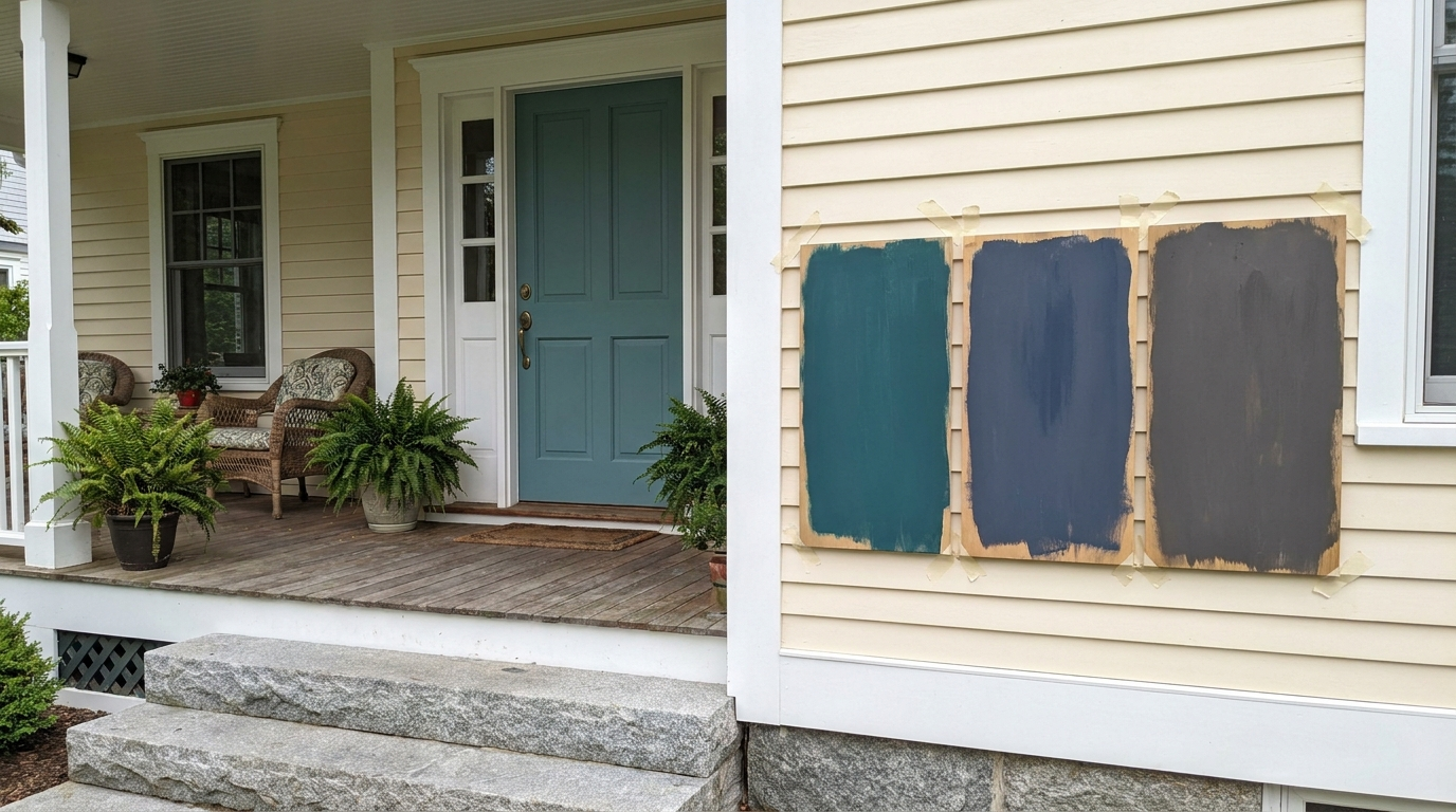 Three large front door paint samples compared beside a shaded cream-colored entry.