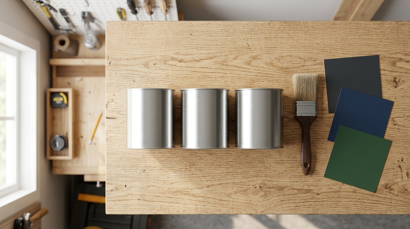 Unlabeled paint cans, a paintbrush, and color chips on a wooden workbench.
