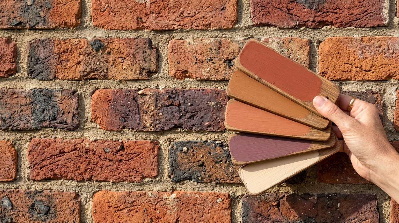 =Close-up of a multi-toned red brick wall with neutral paint swatches in morning sunlight