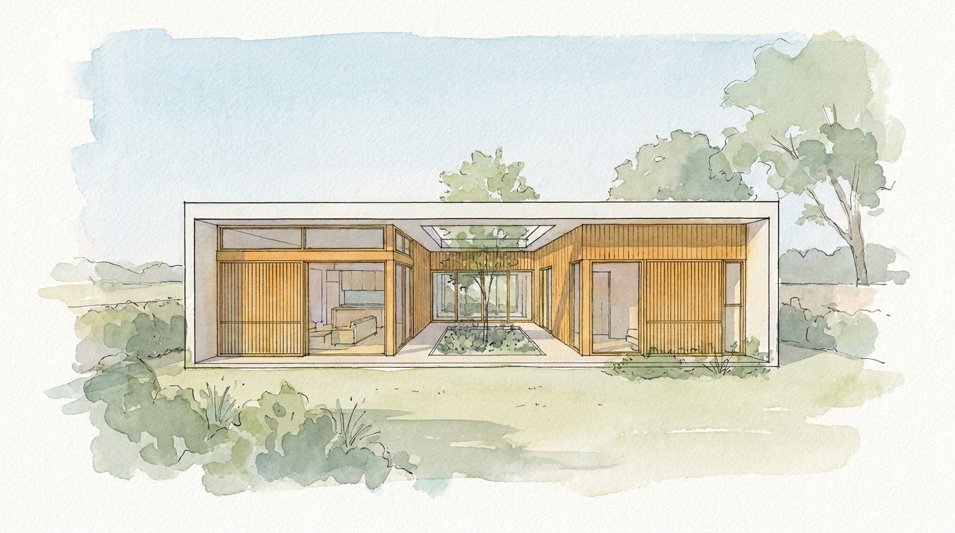 Watercolor architectural rendering of a modern courtyard house with soft landscape washes.