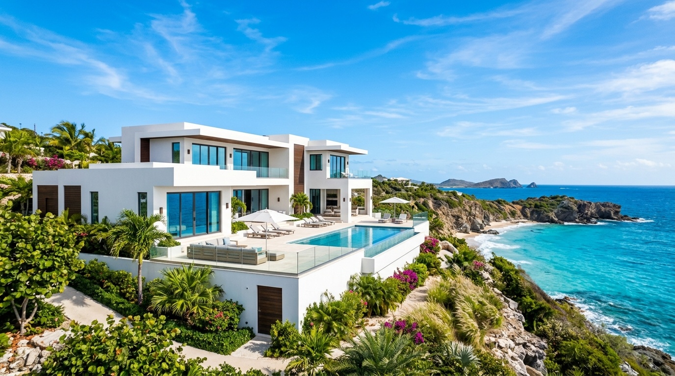 Pristine white stucco oceanfront villa showing well-maintained exterior paint in a coastal climate