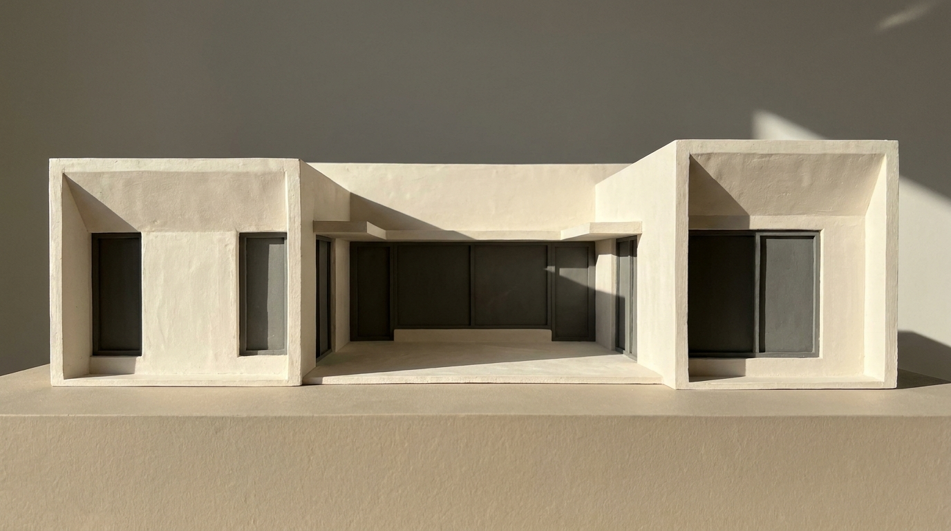 White clay rendering showing the massing and shadow depth of a contemporary courtyard house.