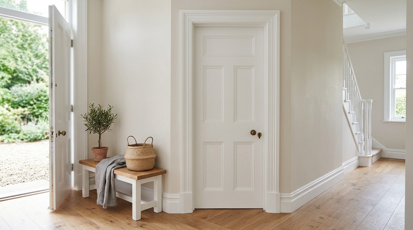 Elegant entryway with durable white painted doors and matching decorative wooden trim.