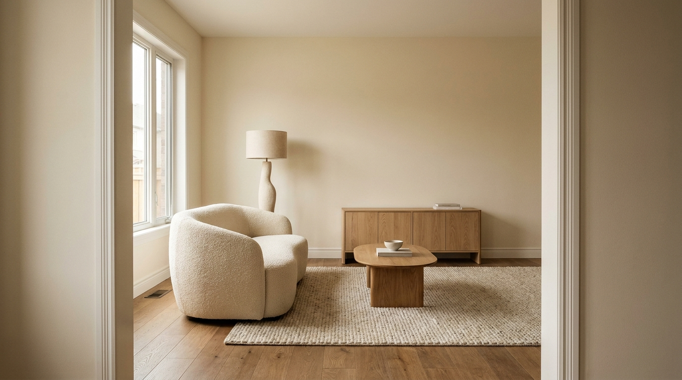 Organic minimalist living room with a measured curved sofa, oval table, concealed storage, and clear circulation.