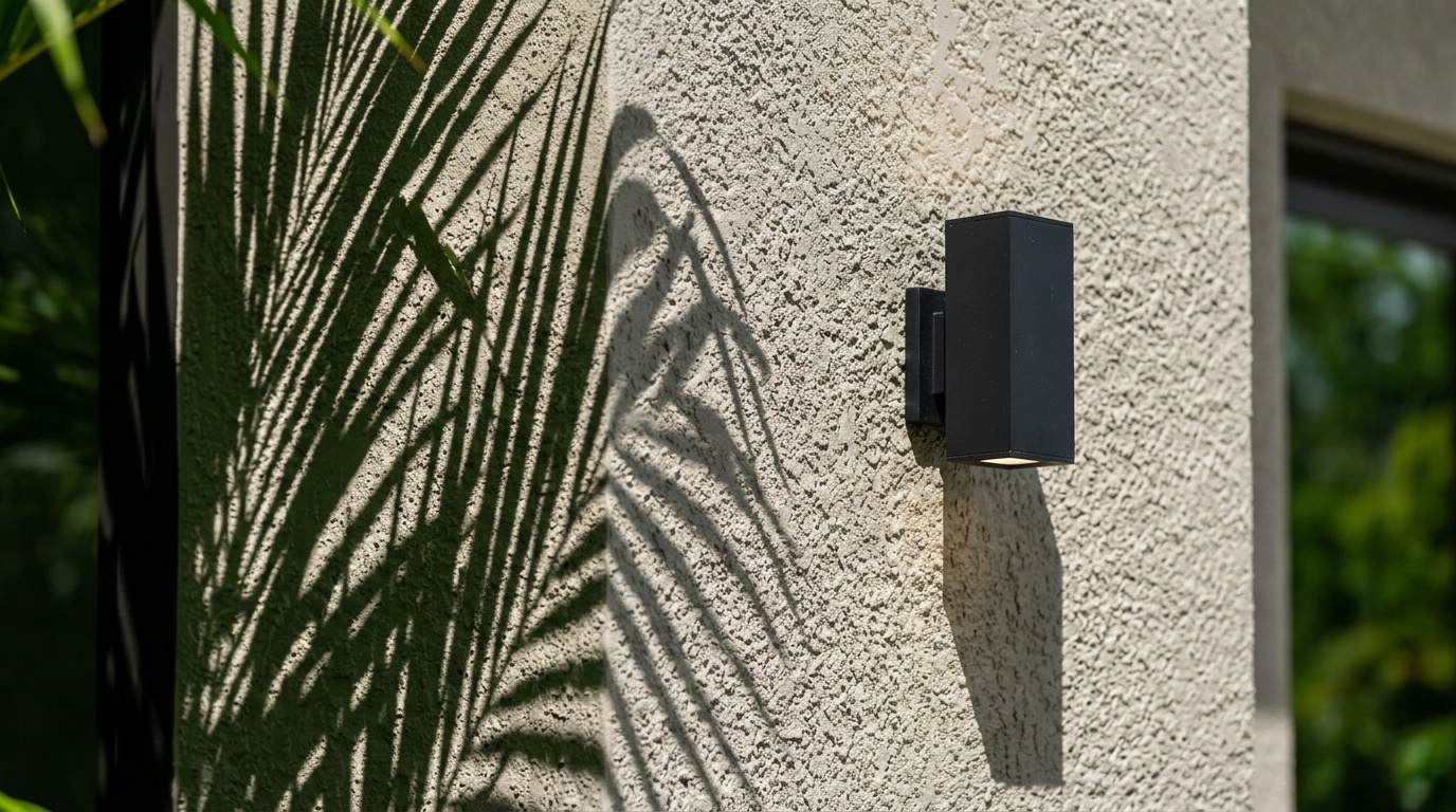 Close-up of textured greige stucco wall under bright sunlight with palm leaf shadows