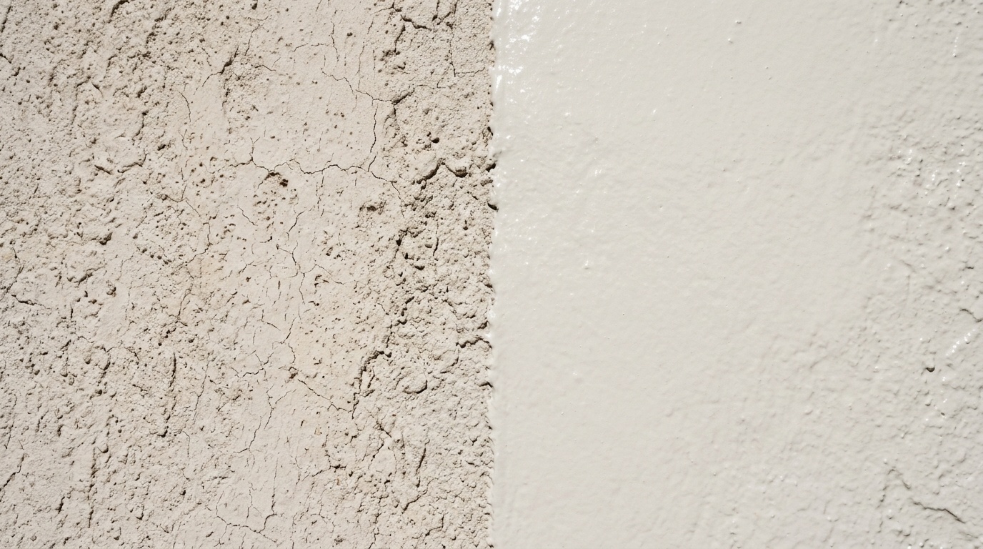 Close-up of a stucco wall contrasting weathered paint with a fresh protective exterior coat.