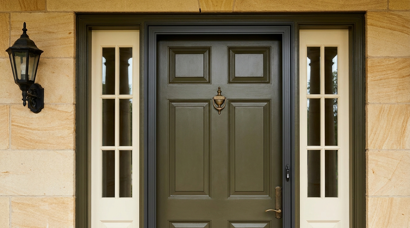Dark olive front door coordinated with cream sidelights, limestone, brass hardware, and a black lantern
