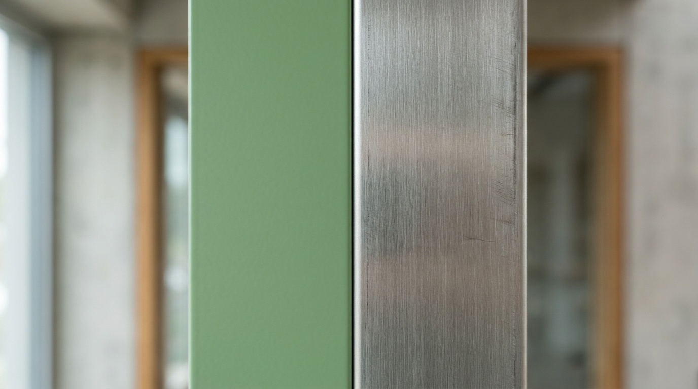 Close-up of sage green paint on a sleek steel door edge under soft lighting.