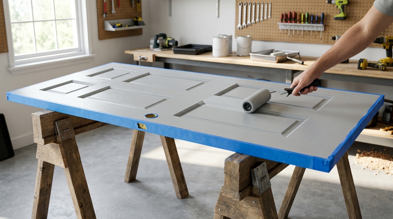 A gray front door on sawhorses being painted smoothly with a foam roller.