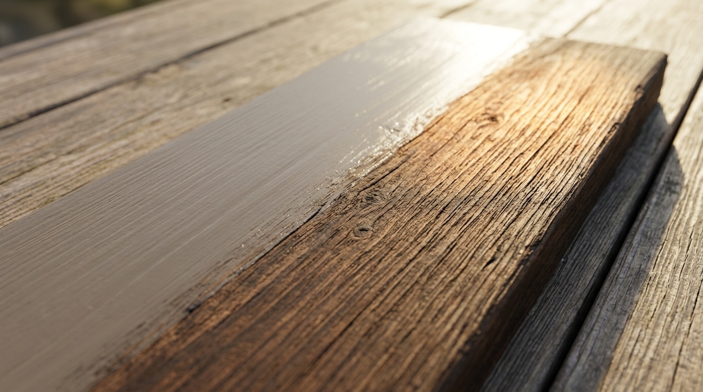 Close-up of a wood deck board showing a smooth acrylic paint finish in bright daylight.