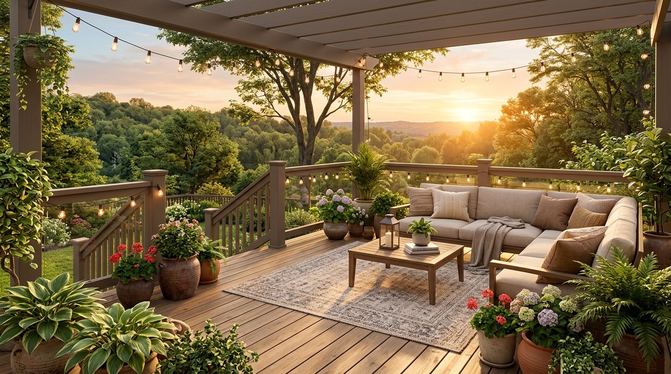 Cozy outdoor living space on a wood deck painted warm taupe during golden hour.