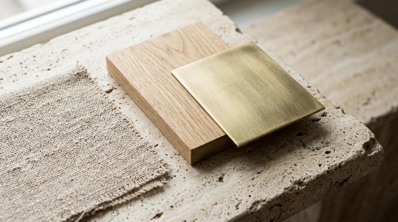 Close-up of interior design materials like travertine, oak wood, and linen under bright daylight