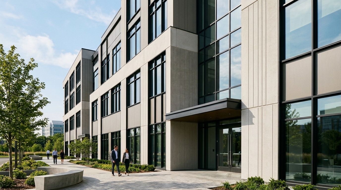 Corporate building exterior painted in modern greige and light concrete gray with black frames.