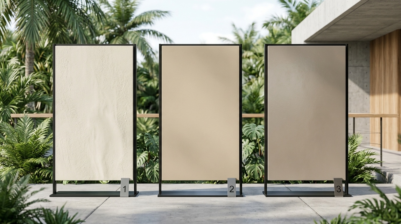 Architectural paint panels displaying different protective exterior finishes under bright natural light.