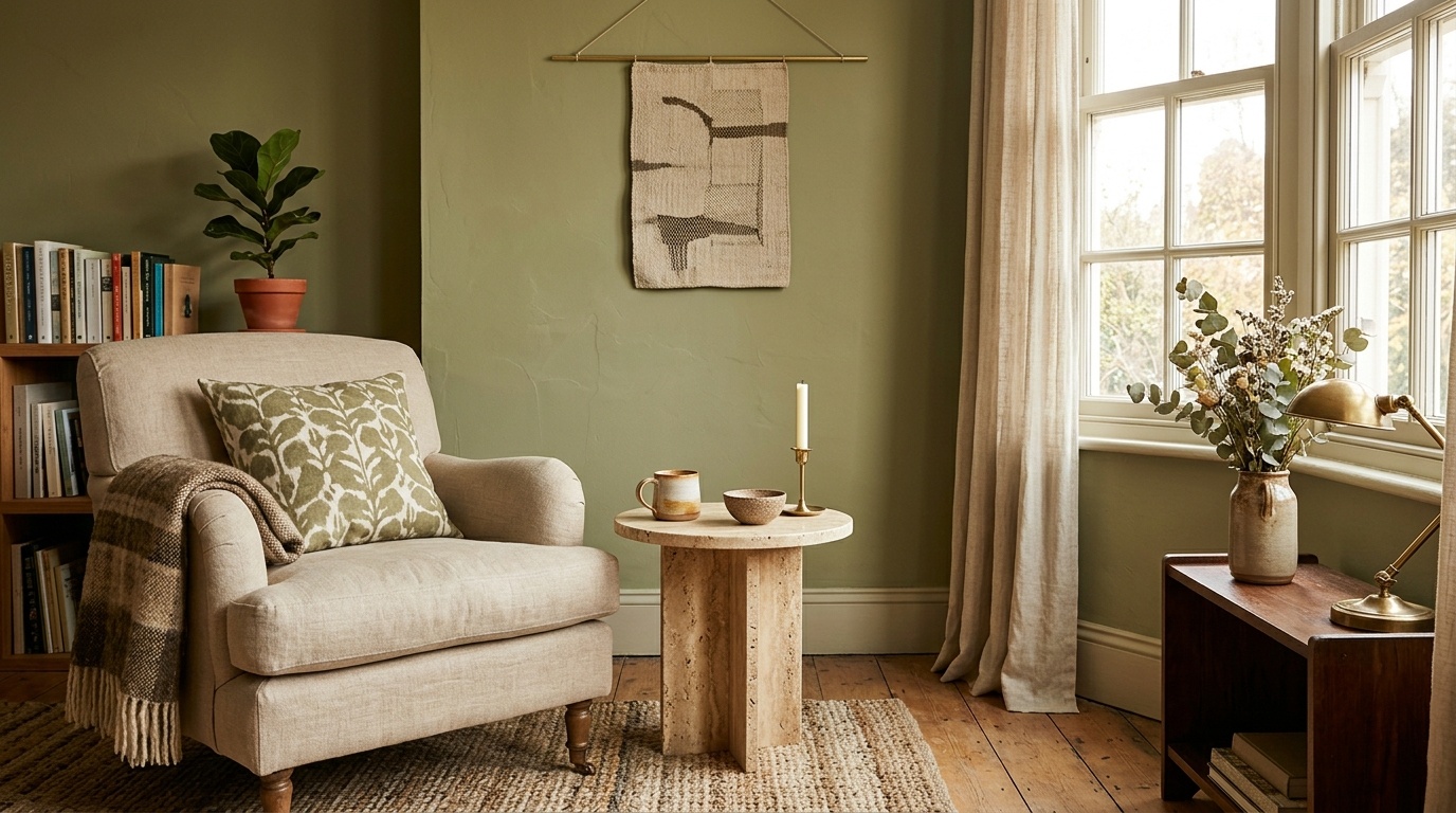 Earthy living space featuring warm olive green walls, travertine stone, and natural linen textiles.