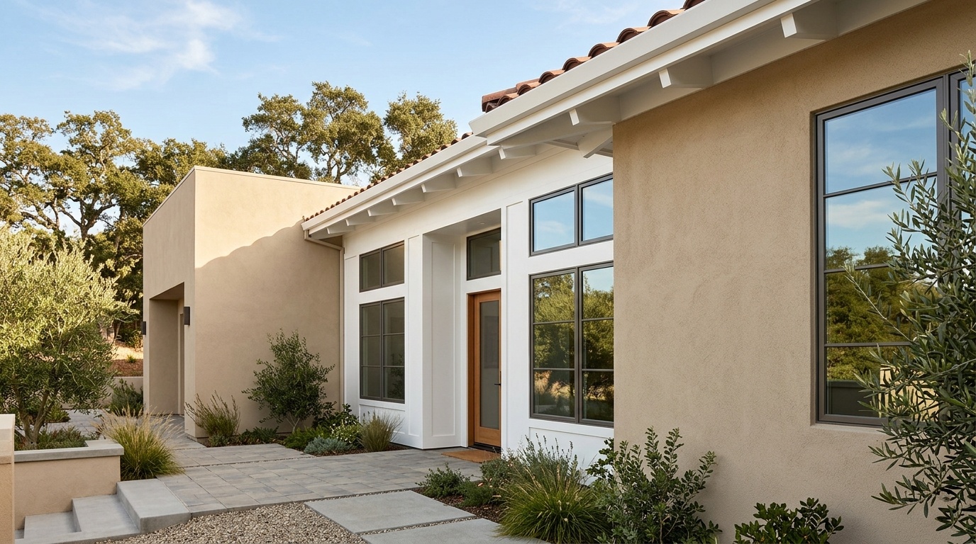 Warm beige stucco wall in a flat finish contrasted with white satin window trim