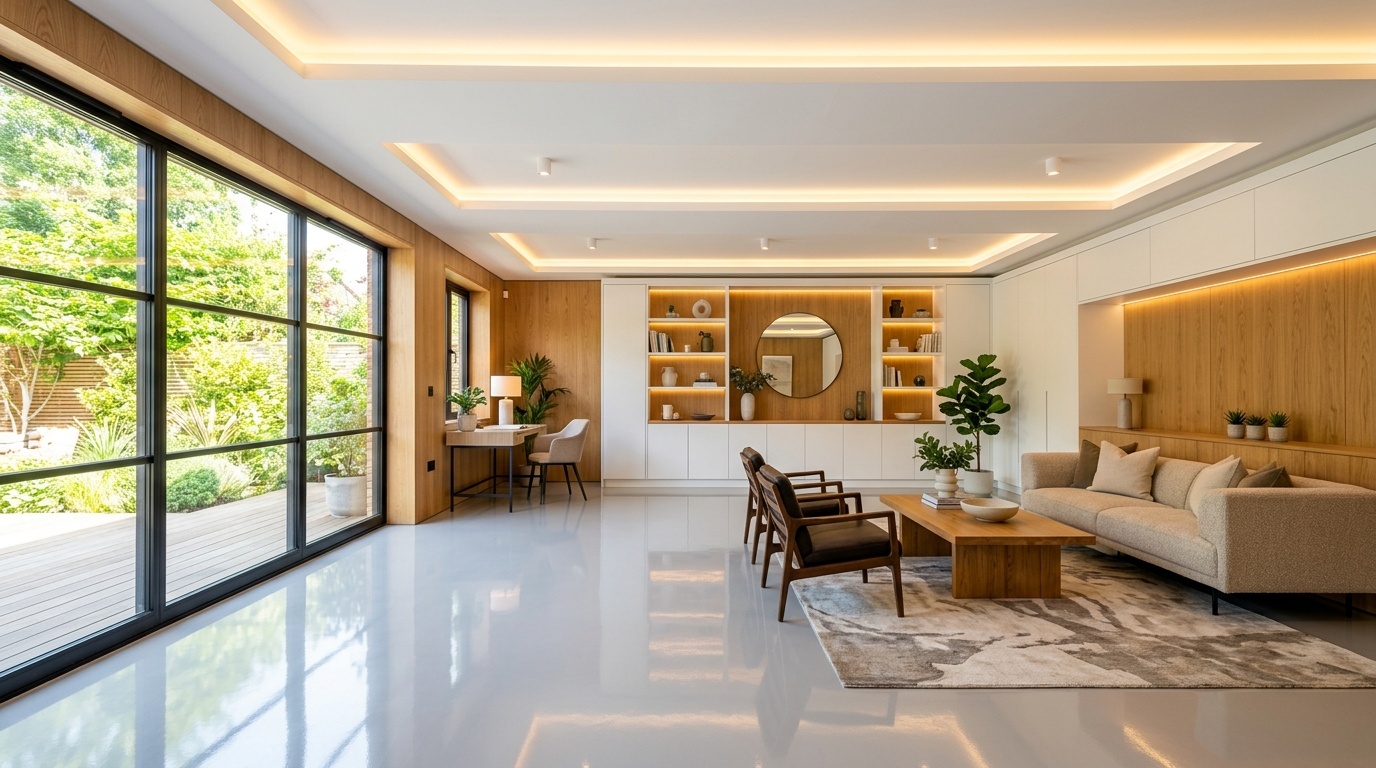 Stylized garage interior with a light gray gloss floor, wood wall paneling, and white cabinets