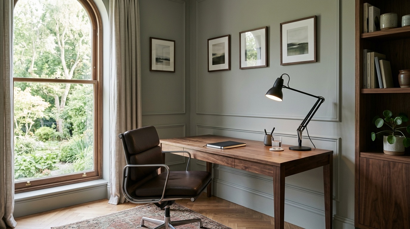 Sophisticated home office with muted gray-green walls, a walnut desk, and a leather chair.