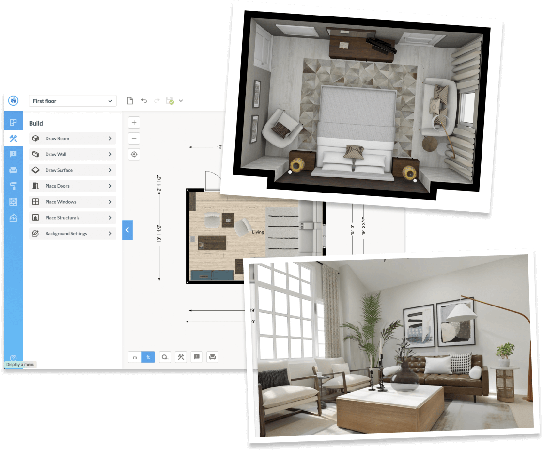 Floorplanner floor-plan editor with overhead bedroom and living-room render examples