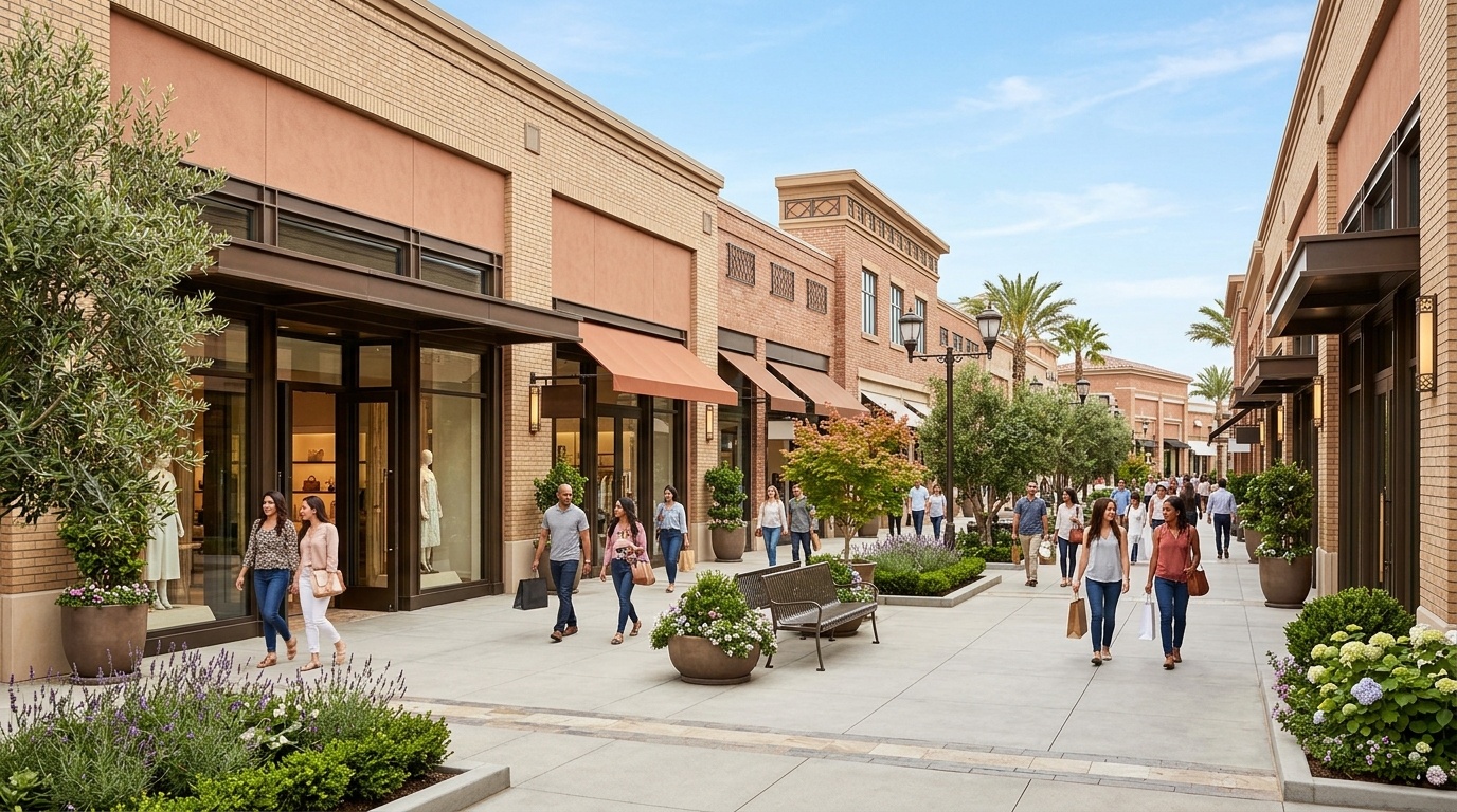 Retail strip center exterior with sand, soft terracotta, and dark bronze accents.