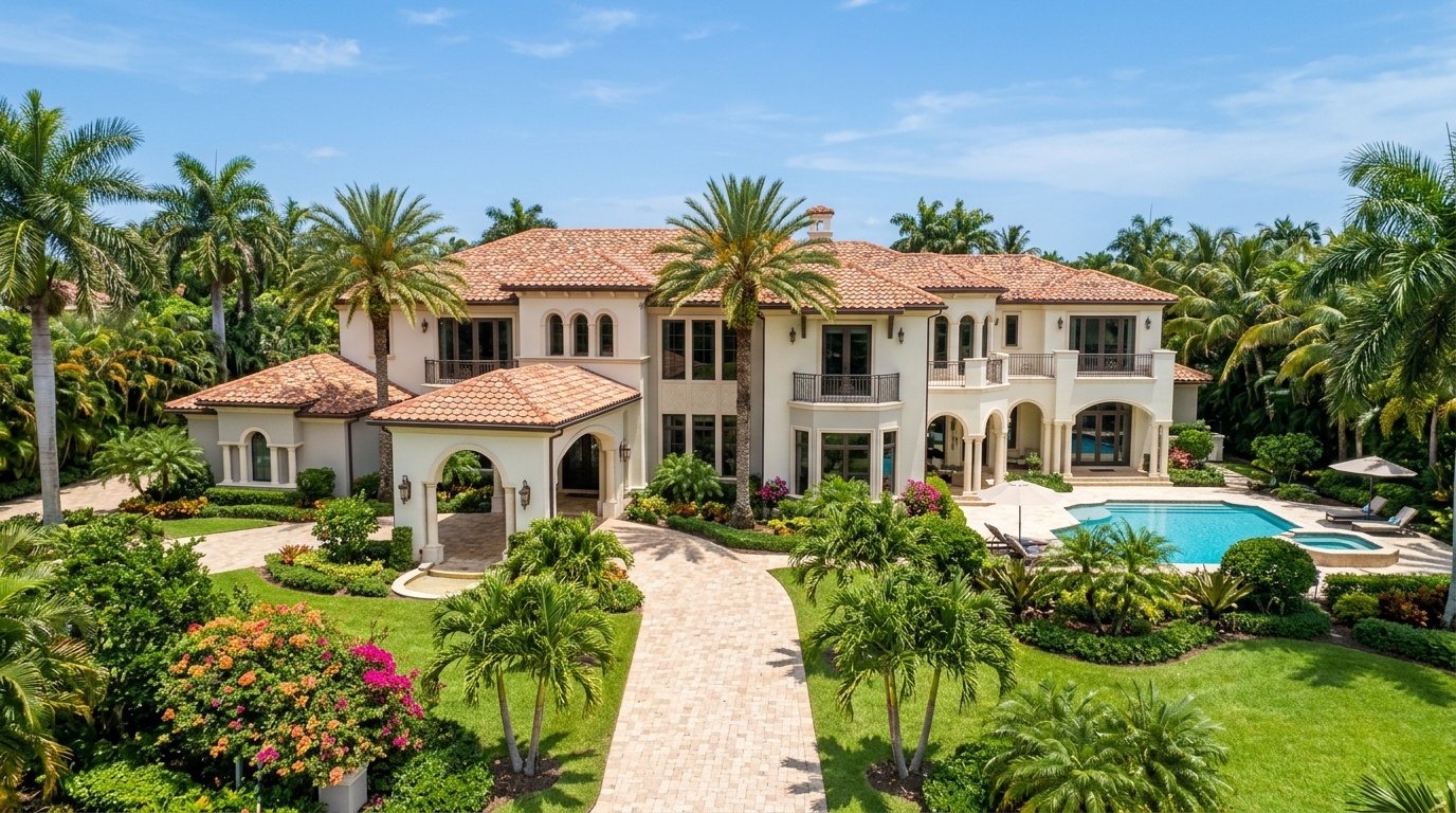 Luxurious heat-reflective cream-colored Florida villa with a terracotta roof under bright sunlight.