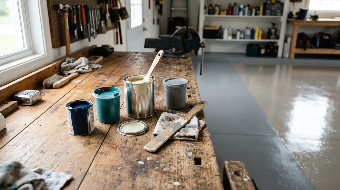Wooden workbench with paint cans and a clean, semi-gloss gray painted garage floor in the background