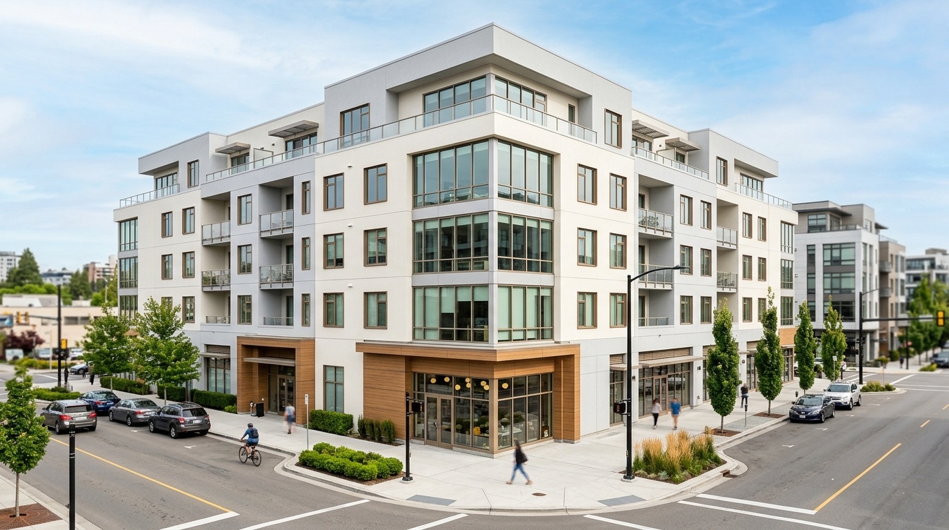 Mixed-use building exterior in soft ivory white and pale gray paint.