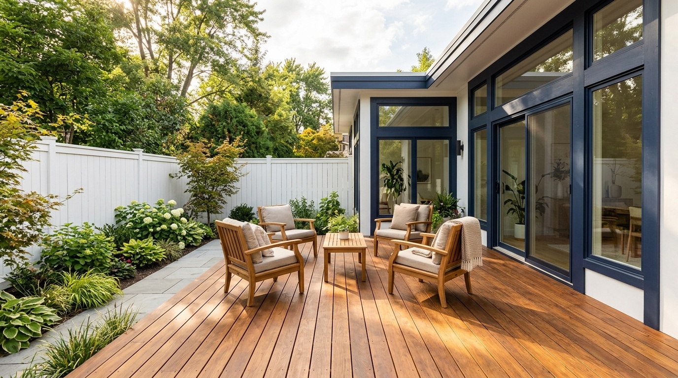 Modern backyard deck with painted white fence, navy trim windows, and wooden outdoor furniture.